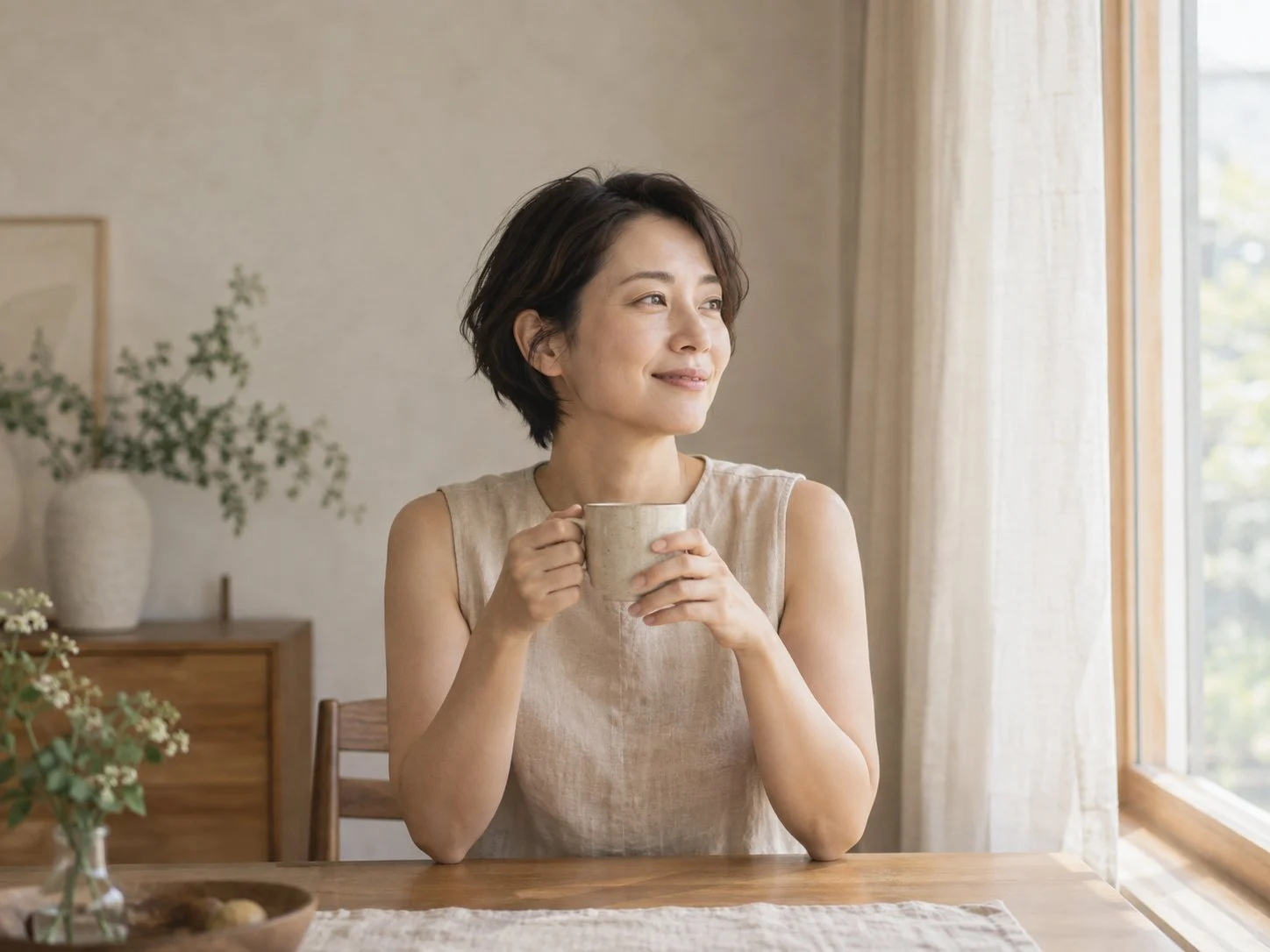 朝の光の入る窓ぎわで、コーヒーを飲む女性。リネンのノースリーブ。